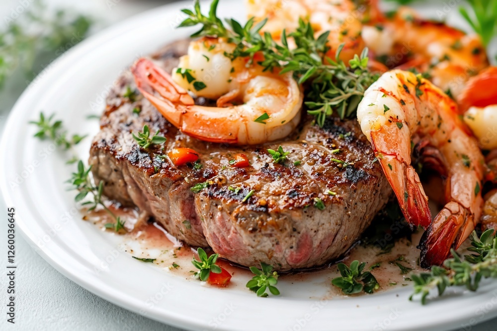 Grilled steak and shrimp with thyme garnish on a white plate. Grilled steak and shrimp with thyme garnish on a white plate.