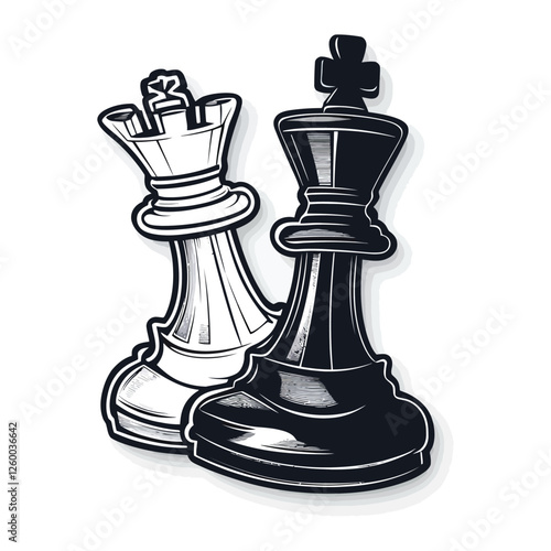 Hand-Drawn Chess King and Queen in Vintage Black and White Woodcut Style
