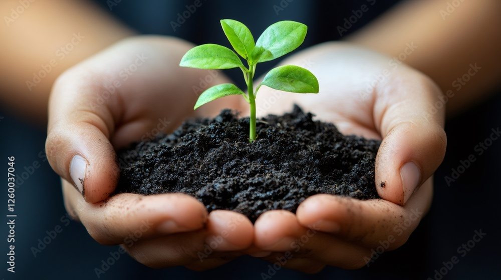 Hands holding and protecting small plant growing in fertile soil Hands holding and protecting small plant growing in fertile soil