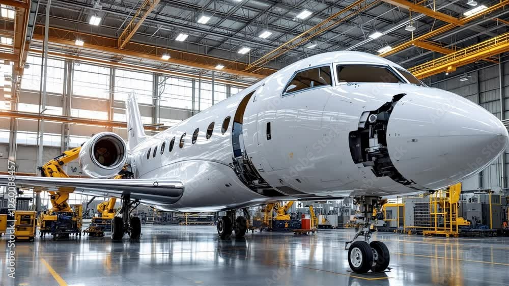 A Glimpse into Modern Aviation: Sleek Business Jet in a State-of-the-Art Hangar Setting A Glimpse into Modern Aviation: Sleek Business Jet in a State-of-the-Art Hangar Setting