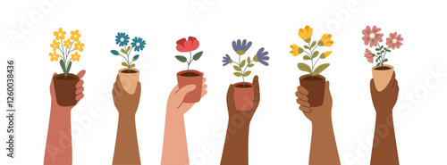 Set of potted flowers in human hands isolated on white. Concept of botanical decoration, plant care, gardening, spring, holiday, environment. Vector hand drawn cliparts.
