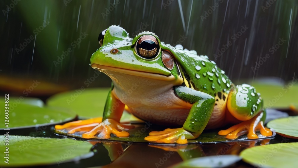 Close Up View Of A Vibrant Green Frog Perched On A Lily Pad During A Rainy Day In A Lush Natural Setting. Perfect For Nature, Rain, And Wildlife Concepts, Educational Purposes, Or Background Imagery Close Up View Of A Vibrant Green Frog Perched On A Lily Pad During A Rainy Day In A Lush Natural Setting. Perfect For Nature, Rain, And Wildlife Concepts, Educational Purposes, Or Background Imagery