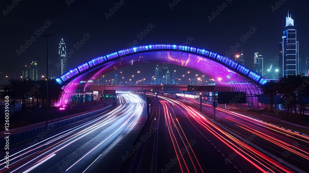 Fototapeta premium Night cityscape with illuminated archway over highway, showcasing light trails from speeding vehicles and a modern skyline.