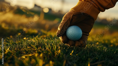 Close-up of a gloved hand placing a golf ball on a grassy field at sunset. photo