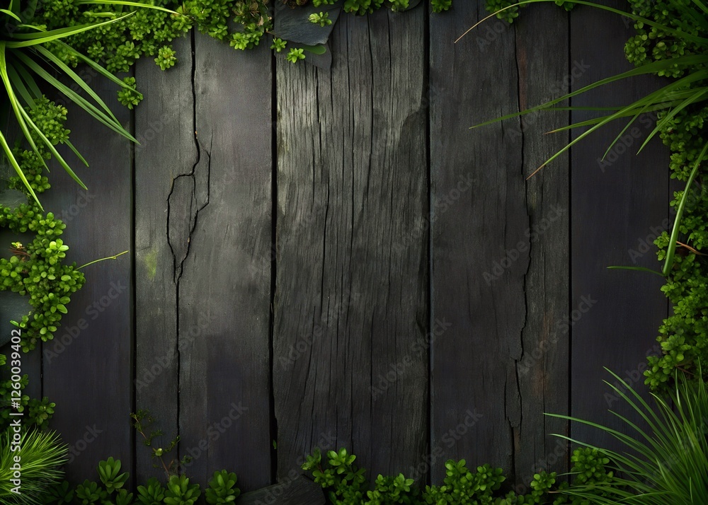 Top view of green leaves and moss on wooden background Top view of green leaves and moss on wooden background
