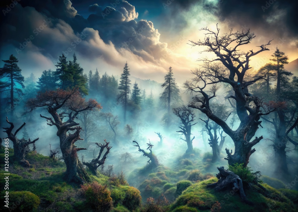 Twisted trees and eerie silence shroud a dark, foggy forest, bleak nature's chilling embrace. Twisted trees and eerie silence shroud a dark, foggy forest, bleak nature's chilling embrace.
