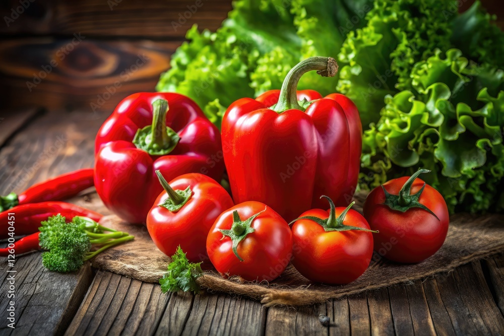 Vibrant red peppers, ripe tomatoes, and green lettuce: a fresh harvest captured. Vibrant red peppers, ripe tomatoes, and green lettuce: a fresh harvest captured.