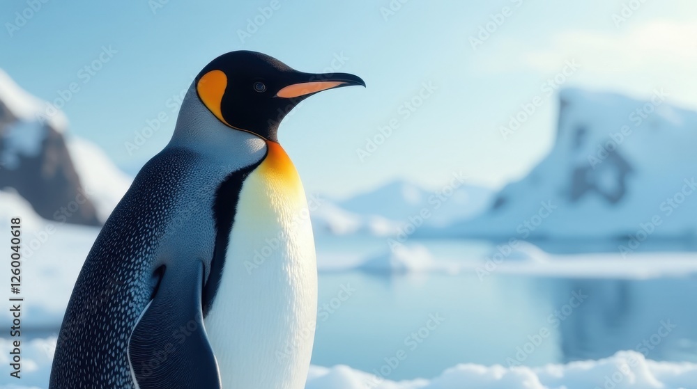 Fototapeta premium Majestic King Penguin Profile Against a Serene Polar Landscape Featuring Icy Waters and Distant Snow-Covered Hills