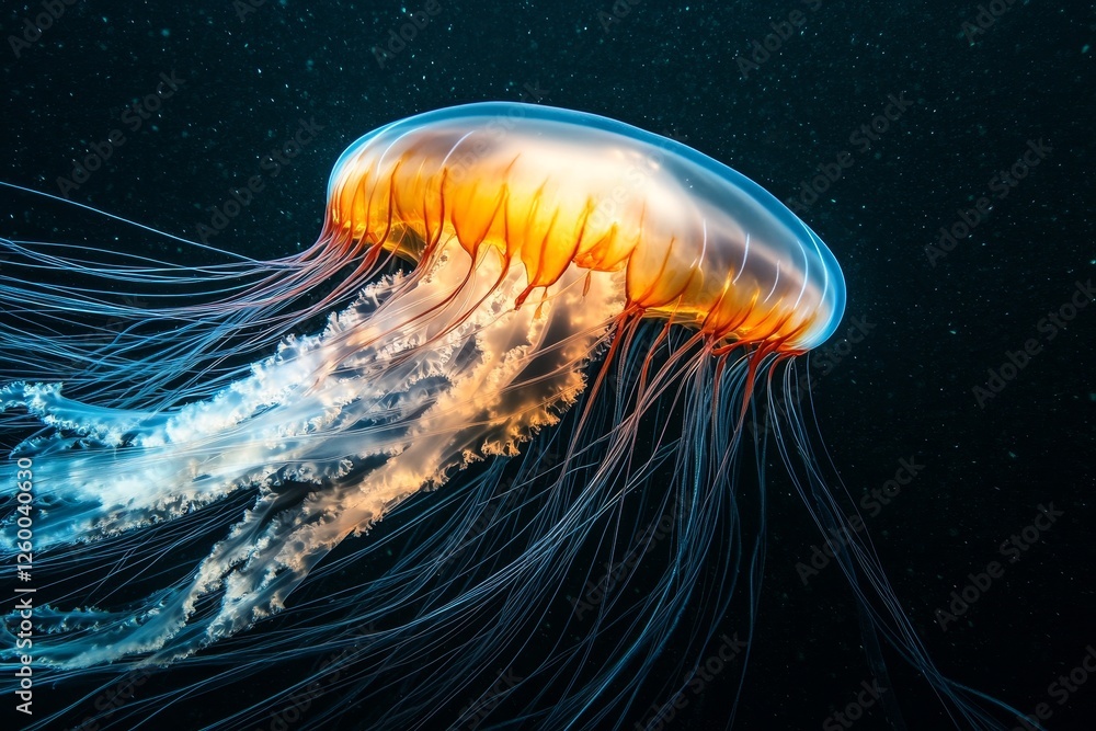 Fototapeta premium Orange jellyfish ocean deep bioluminescence night