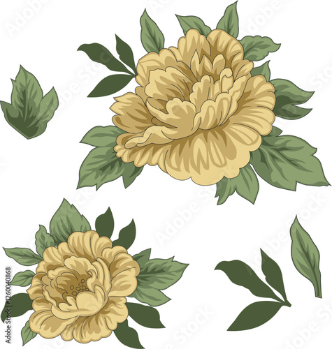 Vector illustration of yellow flowers compositions and green leaves