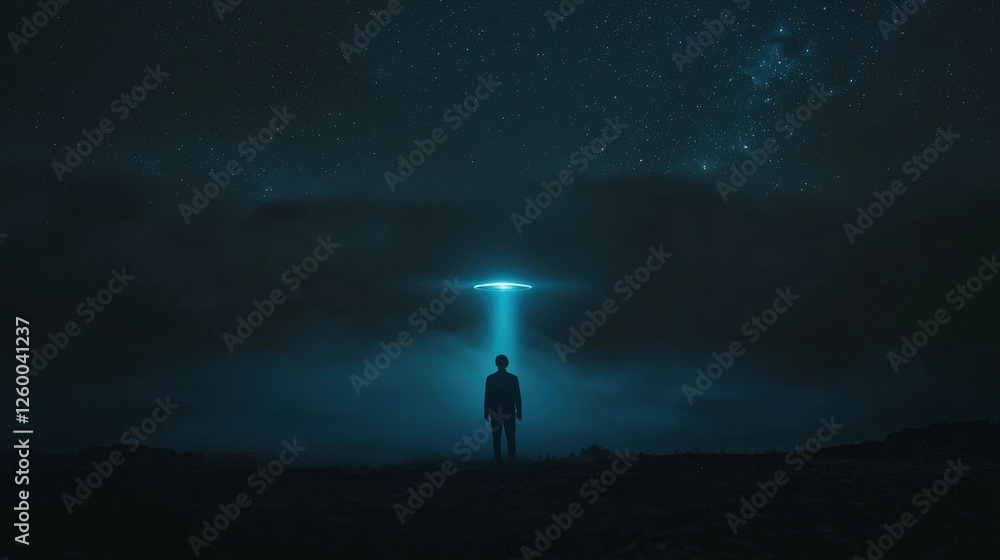 Fototapeta premium Silhouette of a person with a shining UFO hovering above under a starlit sky, representing the unknown and exploration. Best for science, mystery and innovation themes.