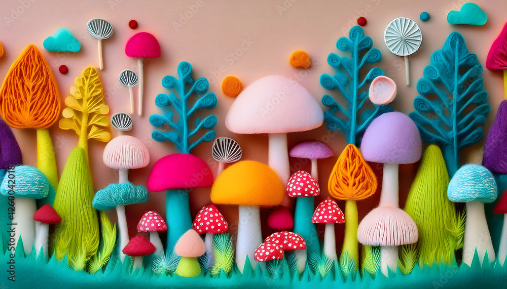 Fototapeta premium mushroom, mushrooms, forest, wonderland, 3d, new, colorful, background, landscape, vibrant, baby, kids, with, nature, fungus, cartoon, plant, felt, made, with, pattern, flat, lays, card, design, 