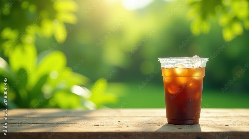 Refreshing Iced Coffee in a Plastic Cup on Wooden Table Outdoors Refreshing Iced Coffee in a Plastic Cup on Wooden Table Outdoors
