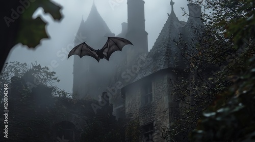 Bat flying near an old stone building shrouded in fog, symbolizing mystery and folklore. Ideal for themes like Halloween, gothic literature, and supernatural tales. photo