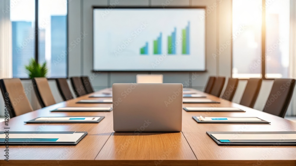 conference room table with laptop and tablets with graph on the screen, modern corporate boardroom interior with a large screen displaying a growing graph conference room table with laptop and tablets with graph on the screen, modern corporate boardroom interior with a large screen displaying a growing graph