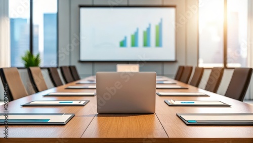 Wallpaper Mural conference room table with laptop and tablets with graph on the screen, modern corporate boardroom interior with a large screen displaying a growing graph Torontodigital.ca