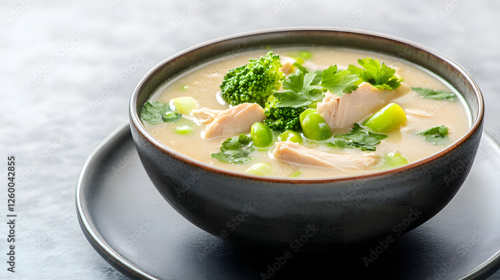 A beautifully plated bowl of creamy Thai coconut chicken.
A beautifully plated bowl of creamy Thai coconut chicken.