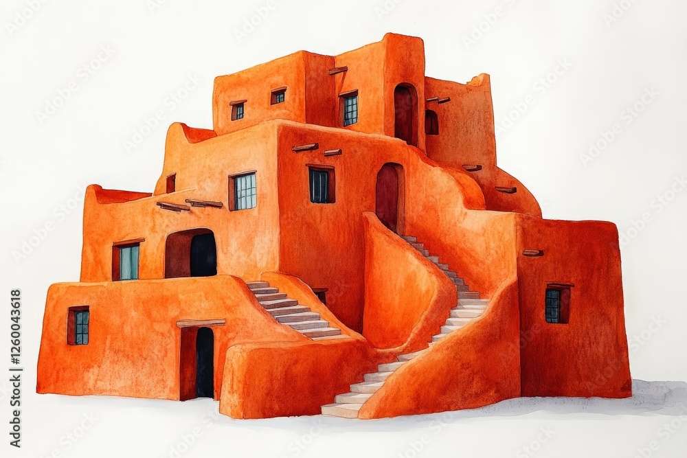 Adobe structure with vibrant orange walls and winding staircases in a desert setting during sunny daylight hours Adobe structure with vibrant orange walls and winding staircases in a desert setting during sunny daylight hours