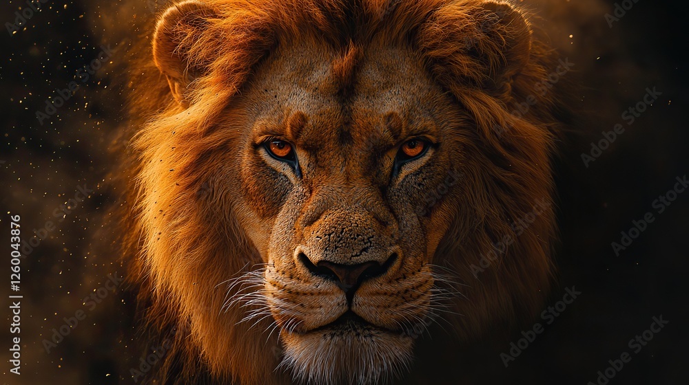 Naklejka premium big male lion in dust cloud on dark background 3d rendering