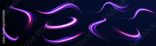 Colored shiny sparks of spiral wave. Curved bright speed line swirls. Shiny wavy path. Rotating dynamic neon circle. Magic golden swirl with highlights. Glowing swirl bokeh effect. vector png