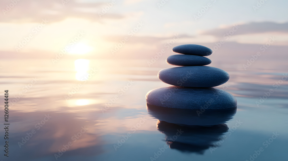 Serene Stones Balanced on Water at Sunset, Finding Inner Peace and Tranquility Serene Stones Balanced on Water at Sunset, Finding Inner Peace and Tranquility