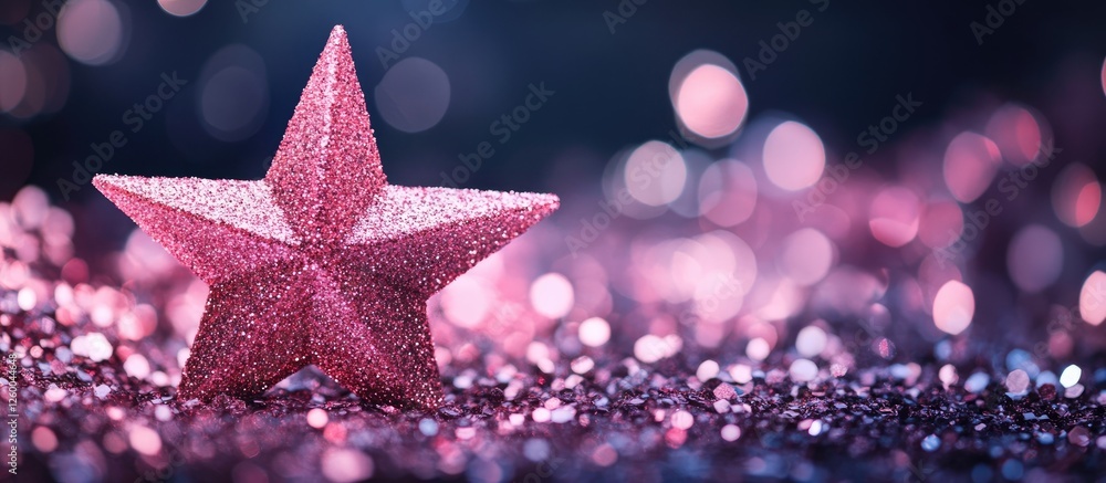 Glittering pink star shape positioned in the foreground against a deep blue and purple bokeh background, creating a vibrant and striking visual effect. Glittering pink star shape positioned in the foreground against a deep blue and purple bokeh background, creating a vibrant and striking visual effect.