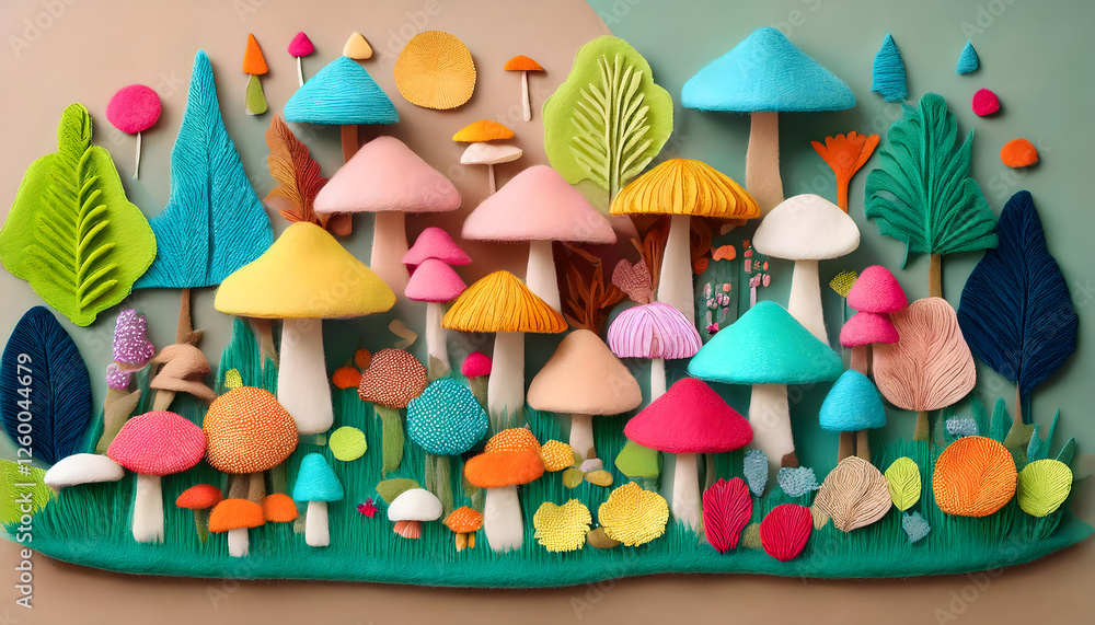 Obraz premium mushroom, mushrooms, forest, wonderland, 3d, new, colorful, background, landscape, vibrant, baby, kids, with, nature, fungus, cartoon, plant, felt, made, with, pattern, flat, lays, card, design, 