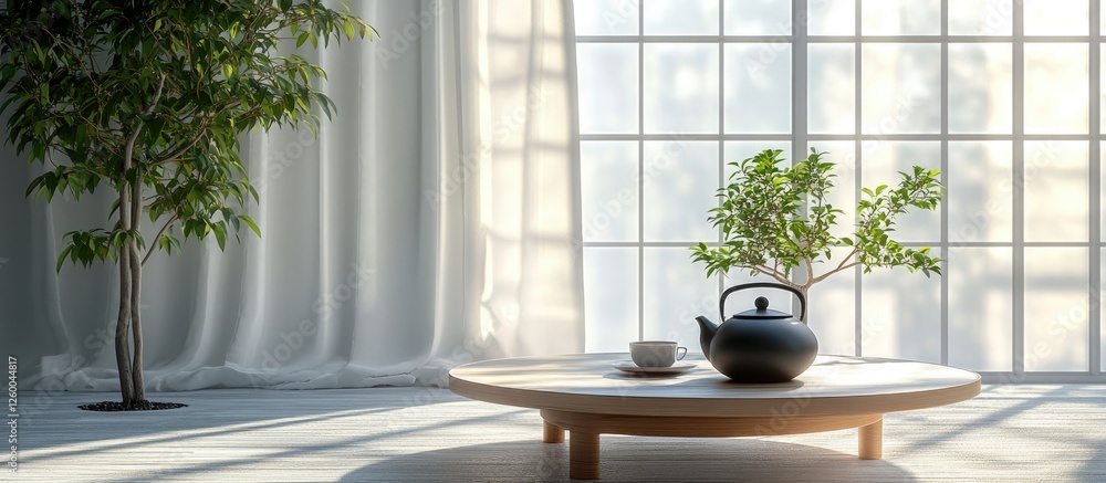 Fototapeta premium Zen-inspired interior featuring a round wooden coffee table with a teapot and potted plant, soft natural light filtering through white curtains.