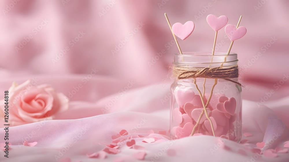 Romantic heart decorations in a glass jar with soft pink background. Romantic heart decorations in a glass jar with soft pink background.