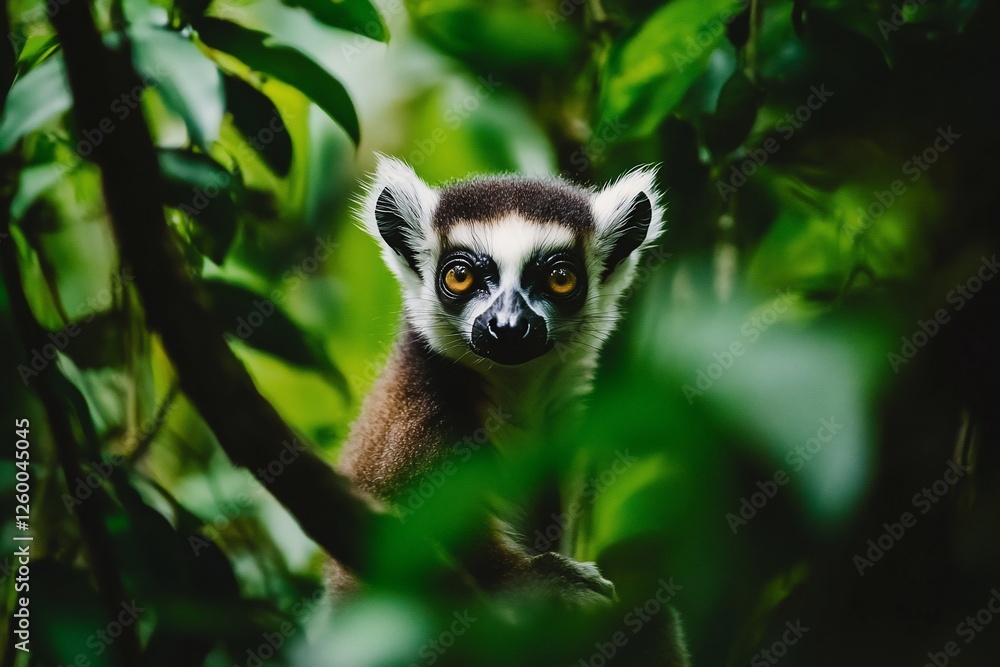 Obraz premium Ring-tailed lemur peering from lush green foliage.