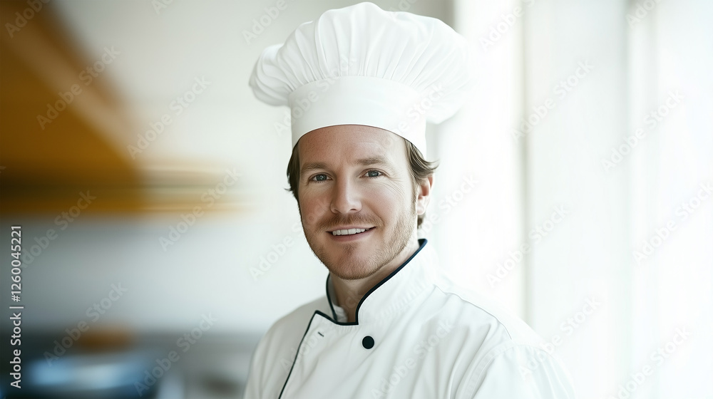 Smiling Caucasian Male Chef in a White Uniform and Traditional Hat Standing in a Bright Kitchen, Representing Culinary Excellence, Hospitality, and Professional Cooking Smiling Caucasian Male Chef in a White Uniform and Traditional Hat Standing in a Bright Kitchen, Representing Culinary Excellence, Hospitality, and Professional Cooking