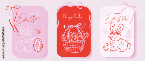 Ink minimal hand drawn sketch line art illustrations of Easter cards with bunnies, Easter eggs, and a basket. Perfect for celebrating the holiday with a festive "Happy Easter" message