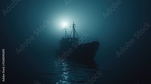 Silhouette of a fishing boat in the fog on the water against a light source, symbolizing adventure and mystery. Ideal for travel blogs, maritime themed content. photo