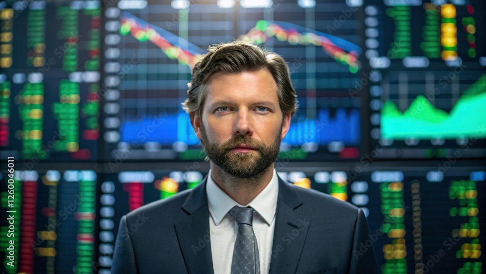 Confident businessman in front of stock market data screens Confident businessman in front of stock market data screens