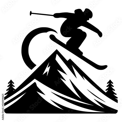 A freestyle skiing logo with a silhouette of a skier performing a mid-air trick