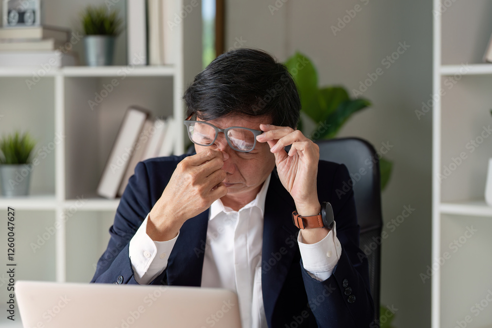 Elderly businessman experiencing stress while working on a laptop in a modern office setting. Elderly businessman experiencing stress while working on a laptop in a modern office setting.