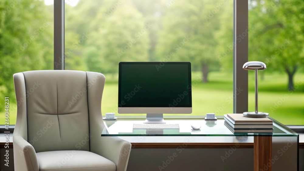 a modern workspace with a computer, desk lamp, books and a comfortable armchair overlooking a green lawn. The image has a minimalist aesthetic with warm tones and natural light a modern workspace with a computer, desk lamp, books and a comfortable armchair overlooking a green lawn. The image has a minimalist aesthetic with warm tones and natural light