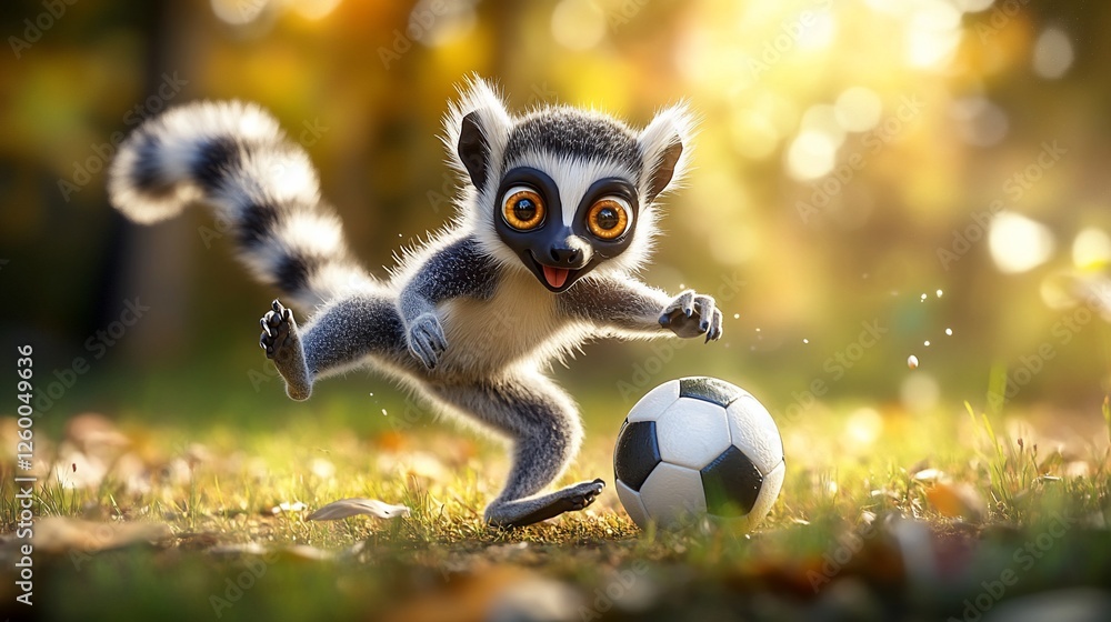 Fototapeta premium Adorable ring-tailed lemur kicking a soccer ball in a sunny autumn forest.