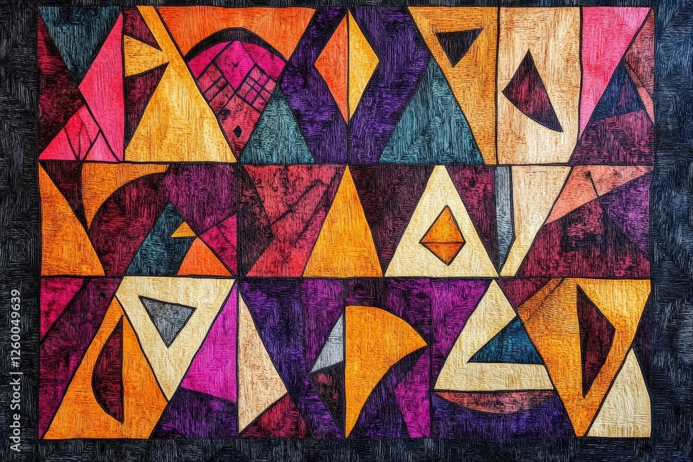 Colorful quilt featuring geometric patterns displayed in a bright setting during daytime Colorful quilt featuring geometric patterns displayed in a bright setting during daytime