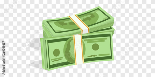 Vector 3d dollars, paper bills isolated on png. Bank cash vector set. Green dollar bill packs, stacks. Vector economy and banking, earnings and wage. Deposit and investment. Transparent background