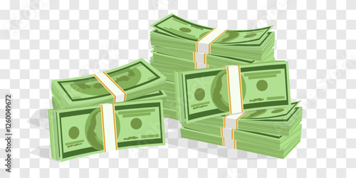 Vector 3d dollars, paper bills isolated on png. Bank cash vector set. Green dollar bill packs, stacks. Vector economy and banking, earnings and wage. Deposit and investment. Transparent background