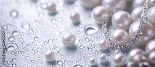 Wallpaper Mural Elegant silver jewelry adorned with artificial pearls resting on a reflective silver surface accentuated by shimmering water droplets throughout. Torontodigital.ca