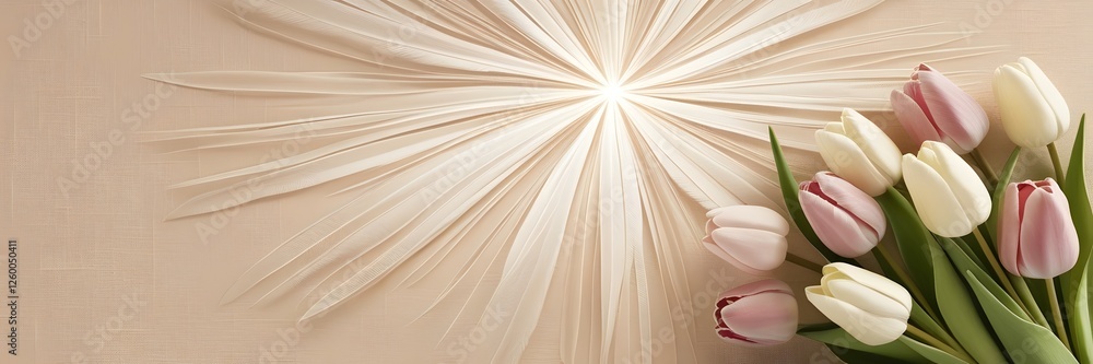 abstract light rays and tulips on warm beige background for spring marketing and banners abstract light rays and tulips on warm beige background for spring marketing and banners