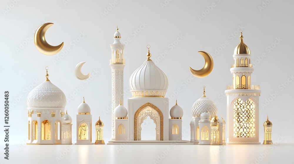 custom made wallpaper toronto digitalWhite and gold modern mosque in 3D illustration, featuring a crescent moon and Ramadan lanterns, creating an Islamic feel suitable for Eid al-Fitr and Eid al-Adha banner, wallpaper and content designs