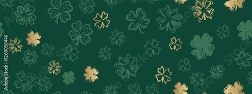 Saint Patricks Day, Gold Clover pattern on green, hand drawn illustrations.