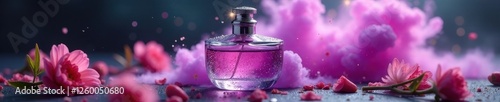 Shattered glass perfume bottle, vibrant spring flowers, purple vapor explosion, artistic, surreal, art