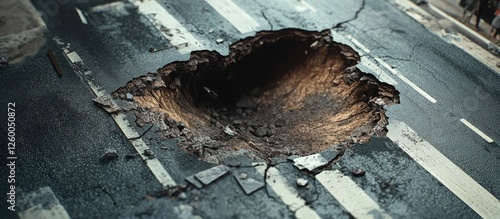 Giant cracked asphalt road with deep sinkhole exposing layered earth tones and surrounding gray street; urban decay and infrastructure issues evident.