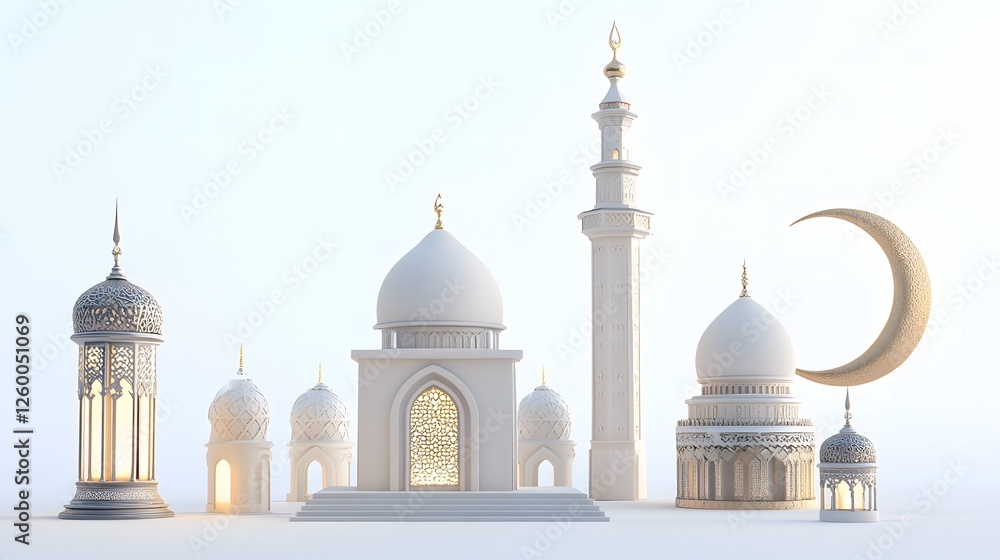 Obraz premium 3D illustration of a mosque with a modern design in white and gold, combined with a crescent moon and Ramadan lanterns, suitable as a design element for wallpaper, banners, posters and Eid al-Fitr soc