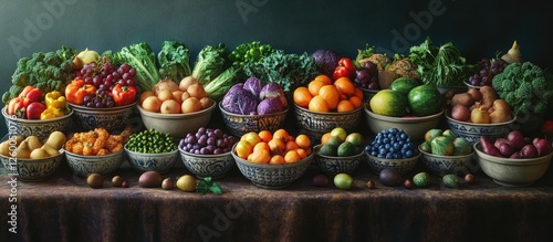 Fototapeta Naklejka Na Ścianę i Meble -  Colorful assortment of bowls filled with vibrant fruits and vegetables on a rustic table, featuring greens, purples, oranges, and blues.