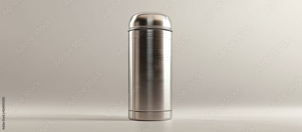Sleek stainless steel thermos with a reflective finish positioned centrally on a plain white background emphasizing its durability and outdoor appeal Sleek stainless steel thermos with a reflective finish positioned centrally on a plain white background emphasizing its durability and outdoor appeal